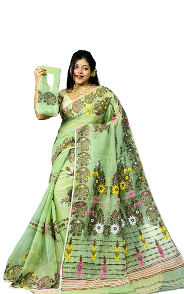 Pista green color brown & yellow embroidered dhakai jamdani saree with bp