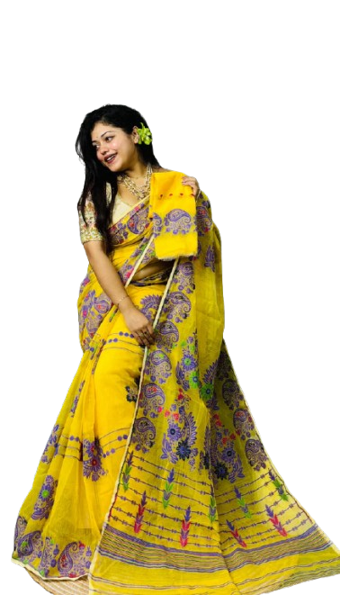 Yellow color purple & red embroidered dhakai jamdani saree with bp