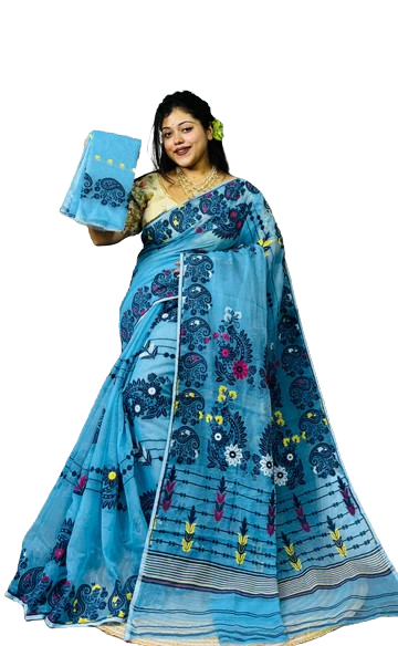 Blue color orange & red embroidered dhakai jamdani saree with Bp