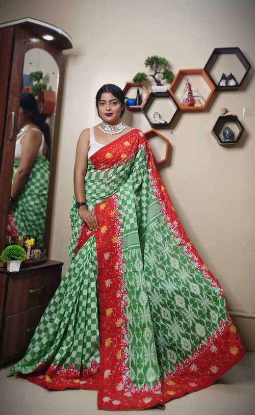 Green Base Dhakai Jamdani Saree with Heavy Embroidered Border | Traditional Buti Work | Festive Ethnic Saree