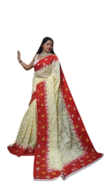 Cream Base Dhakai Jamdani Saree with Heavy Embroidered Border | Traditional Buti Design | Festive Ethnic Saree