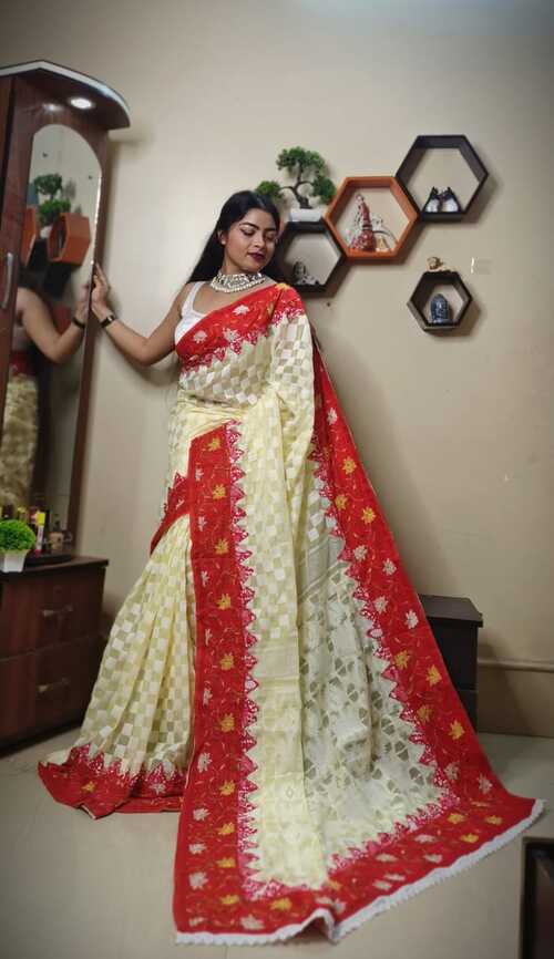 Cream Base Dhakai Jamdani Saree with Heavy Embroidered Border | Traditional Buti Design | Festive Ethnic Saree