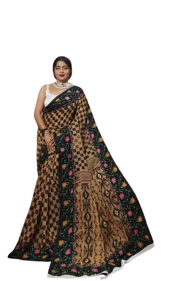 Light Brown Dhakai Jamdani Saree with Embroidered Border – Perfect for Festive and Traditional Wear.