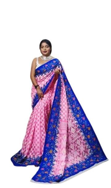 Light Pink Dhakai Jamdani Saree with Heavy Embroidered Border – Traditional Buti Work Saree for Weddings and Festivals