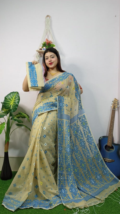 Beige Full Embroidery Dhakai Jamdani Saree with Blouse | Pure Cotton Handloom Saree with Traditional Buti Embroidery