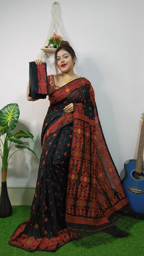 Black Full Embroidery Dhakai Jamdani Saree with Blouse | Pure Cotton Handloom Saree with Traditional Buti Embroidery