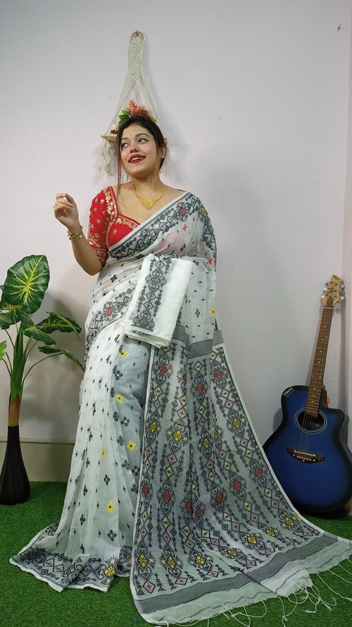 White Full Embroidery Dhakai Jamdani Saree with Blouse | Soft Cotton Handloom Saree for Women