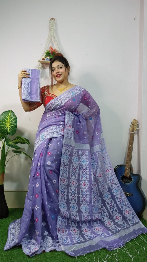 Purple Full Embroidery Dhakai Jamdani Saree with Blouse | Pure Cotton Handloom Saree with Intricate Buti Embroidery