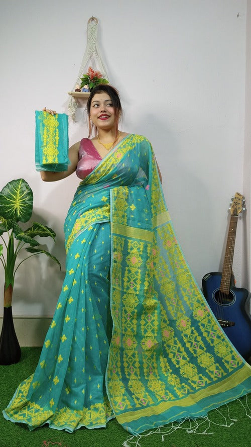 Sea Green Full Embroidery Dhakai Jamdani Saree with Blouse | Premium Cotton Handloom Saree for Women