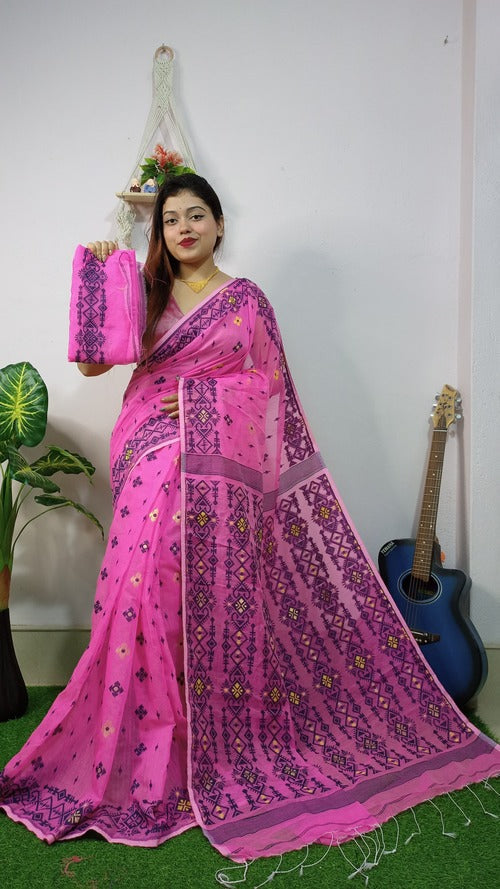 Pink Color Full Embroidery Dhakai Jamdani Saree with Blouse | Exquisite Handloom Cotton Saree with Alluring Buti Work