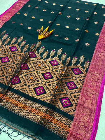 Elegant Bottle Green Cotton Linen Saree with Blouse | Handwoven Saree with Buti Design for Women