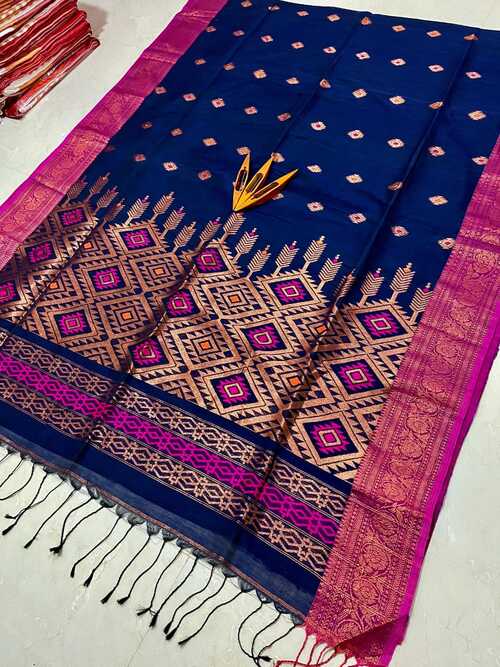 Elegant Royal Blue Cotton Linen Saree with Blouse Piece | Handloom Buti Design Saree for Women