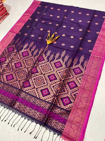 Elegant Dark Purple Cotton Linen Saree with Blouse | Handloom Buti Design Saree for Women