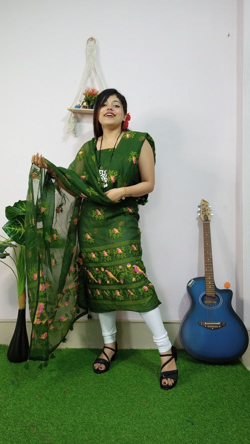 Bottle Green Pakhi Jamdani Cotton Suit Set | Handwoven Bengali 2-Piece Suit with Dupatta