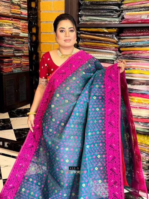 Blue Ikkat Dhakai Jamdani Cotton Saree with Pink Border and Blouse
