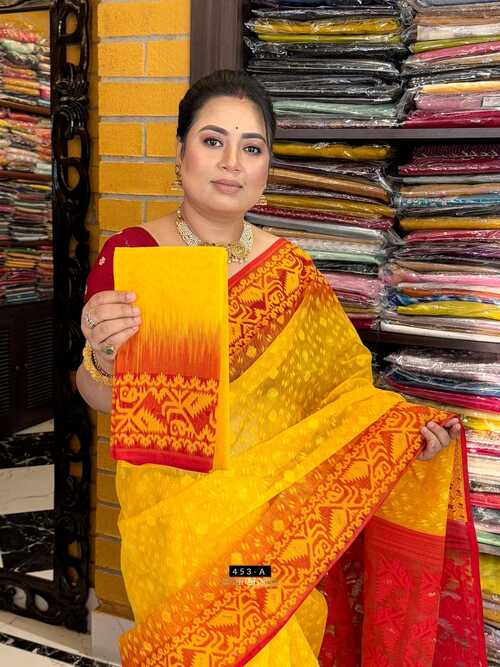 Yellow Ikkat Dhakai Work Cotton Jamdani Saree with Red Border and Blouse Piece