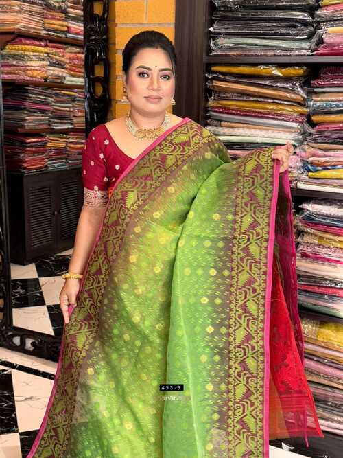Parrot Green Color Cotton Ikkat Dhakai Work Jamdani Saree with Purple Border and Blouse