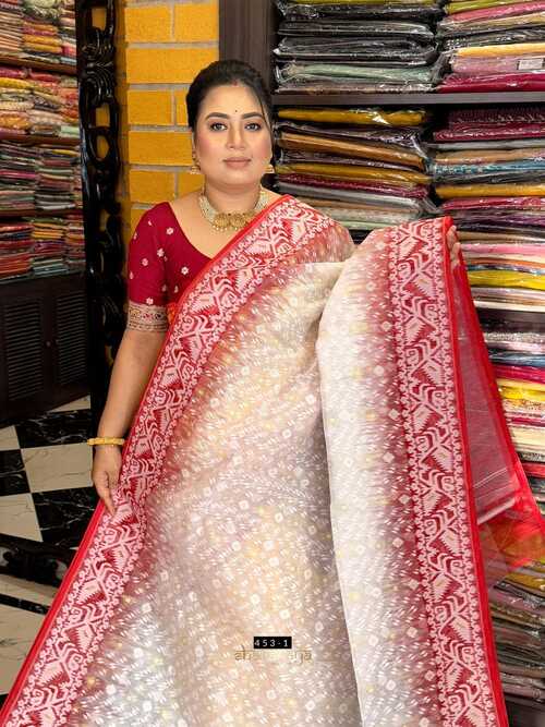 Off White Color Cotton Ikkat Dhakai Work Jamdani Saree with Red Border and Blouse