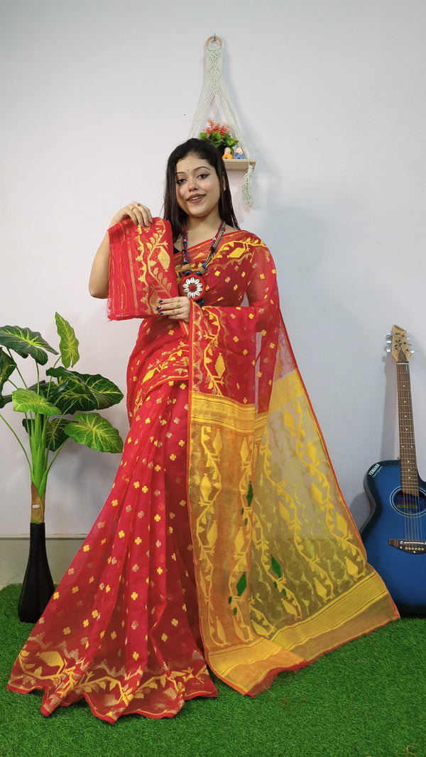 Red Base Yellow Pallu Cotton Dhakai Jamdani Saree with Blouse Piece