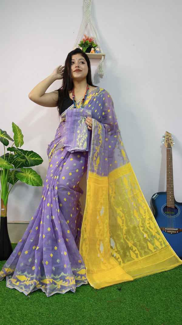 Purple Base Yellow Pallu Cotton Dhakai Jamdani Saree with Blouse Piece