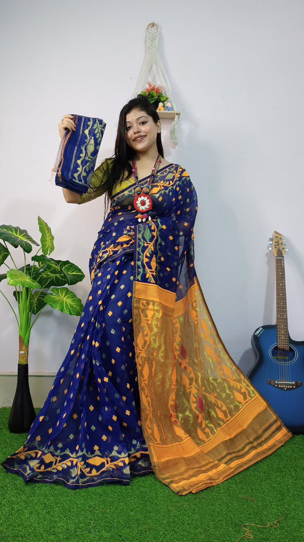 Royal Blue Base Yellow Pallu Cotton Dhakai Jamdani Saree with Blouse Piece