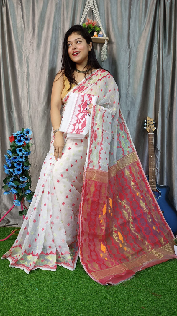White Base Red Pallu Cotton Dhakai Jamdani Saree with Blouse Piece