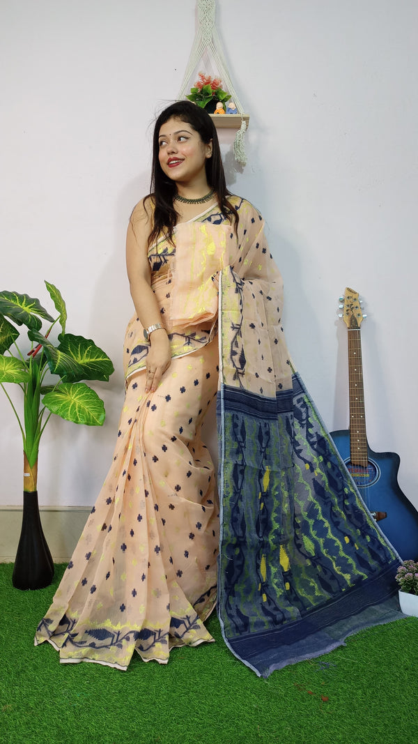 Peach Base Blue Pallu Cotton Dhakai Jamdani Saree with Blouse Piece