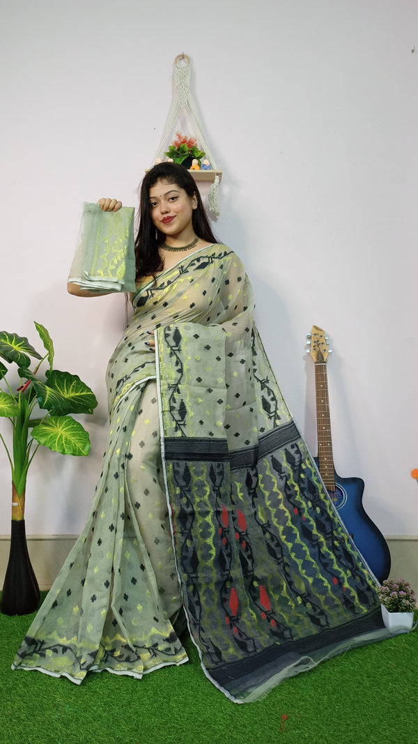 Pista Green Base Bottle Green Pallu Cotton Dhakai Jamdani Saree with Blouse Piece