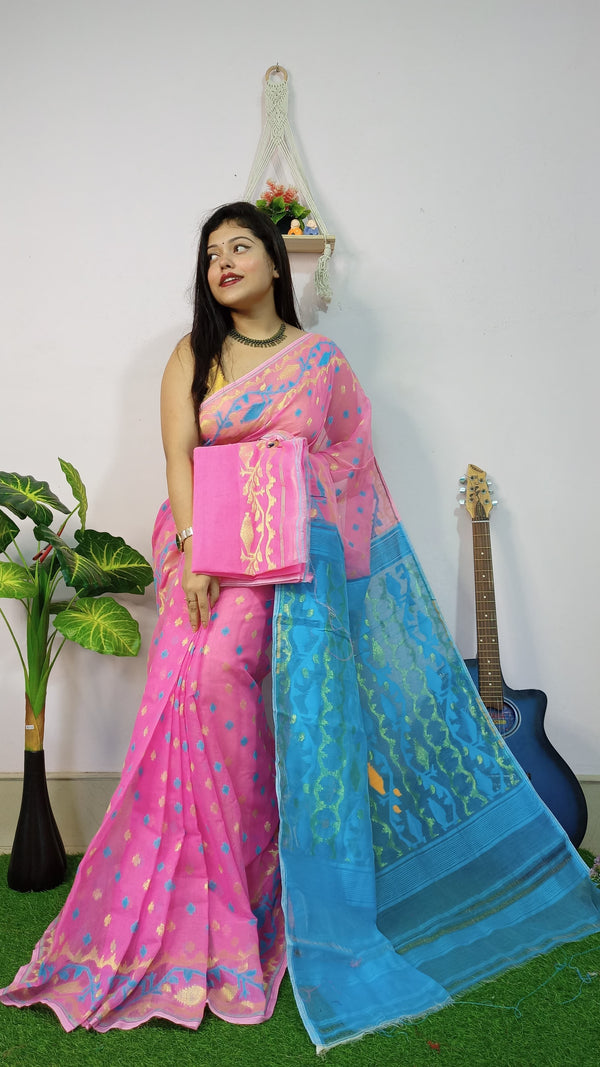 Pink Base Blue Pallu Cotton Dhakai Jamdani Saree with Blouse Piece