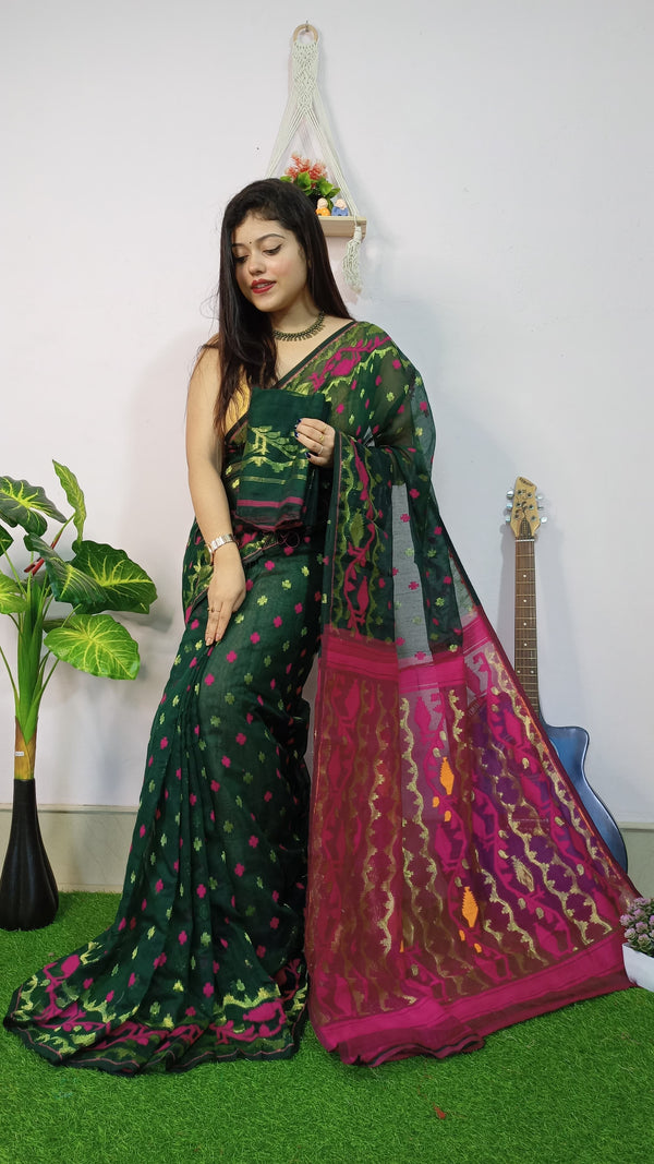 Bottle Green Base Pink Pallu Cotton Dhakai Jamdani Saree with Blouse Piece