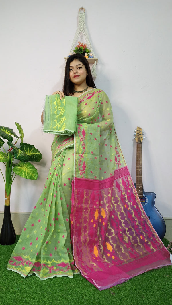 Pista Green Base Pink Pallu Cotton Dhakai Jamdani Saree with Blouse Piece