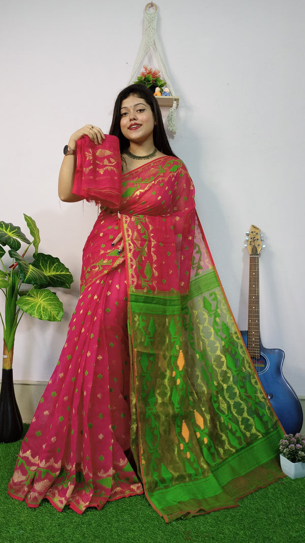 Red Base Green Pallu Cotton Dhakai Jamdani Saree with Blouse Piece