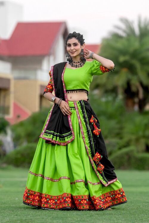 Parrot Green Gamthi Lace & Mirror Work Cotton Lehenga with Pure Cotton Stitched Blouse and Dupatta - Traditional and Stylish