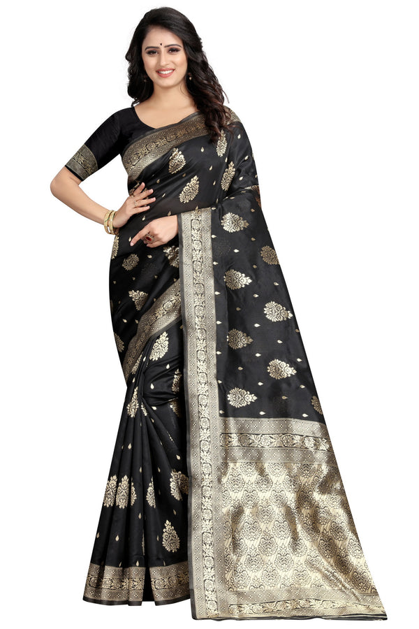 Black Color Floral Woven Saree – Elegant Black Silk Saree with Intricate Floral Design – Perfect for Weddings, Parties, and Special Occasions – 5.5m Saree with Matching Blouse Piece