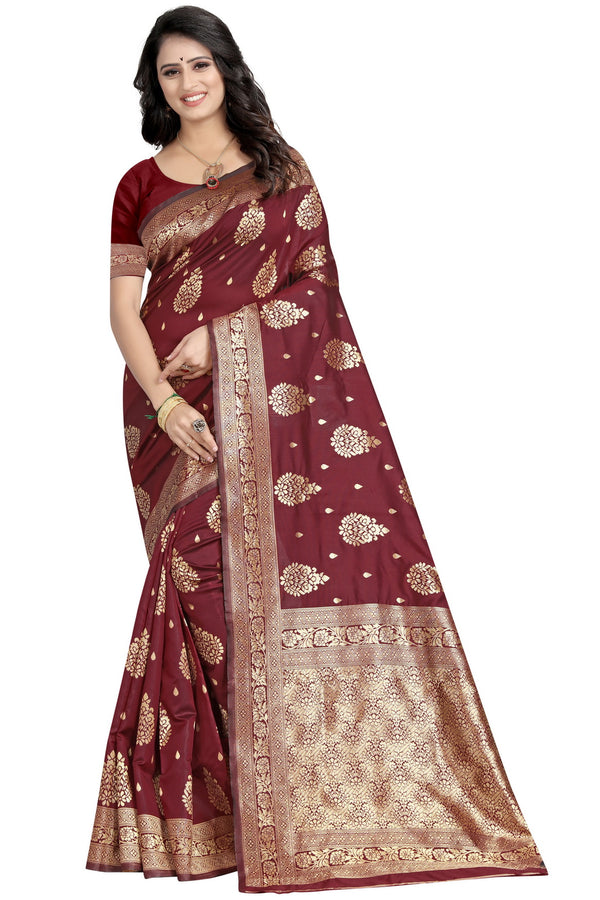 Maroon Color Floral Woven Saree – Elegant Maroon Silk Saree with Floral Woven Design – 5.5m Length Saree with Matching Blouse Piece – Perfect for Weddings and Special Occasions