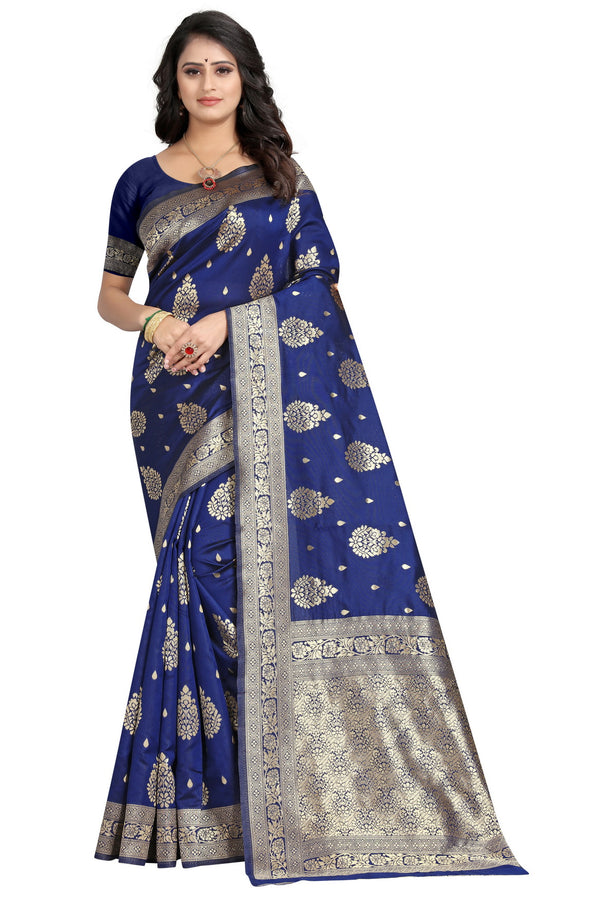 Navy Blue Color Floral Woven Saree – Exquisite Navy Blue Silk Saree with Floral Woven Design – 5.5m Saree with Matching Blouse Piece – Perfect for Weddings, Parties & Special Occasions