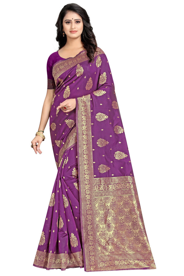 Purple Color Floral Woven Saree – Elegant Purple Silk Saree with Intricate Floral Woven Design – 5.5m Length Saree with Matching Blouse Piece – Perfect for Weddings, Parties & Special Occasions