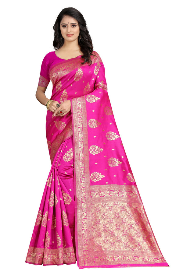 Rani Color Floral Woven Saree – Elegant Rani Pink Silk Saree with Beautiful Floral Woven Design – Perfect for Weddings, Festivals & Special Occasions – 5.5m Saree with Matching Blouse Piece