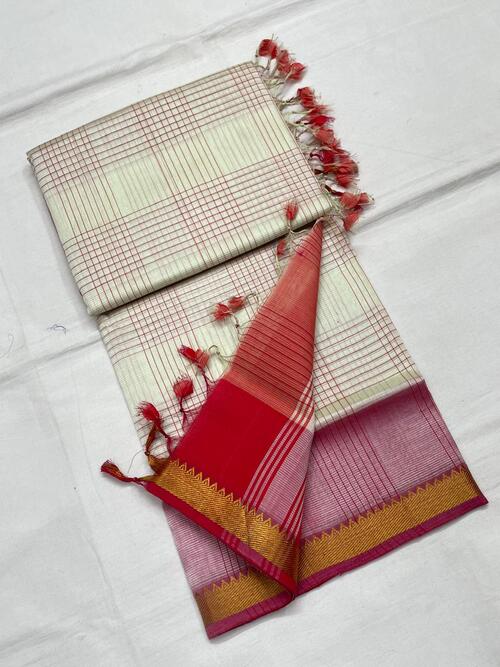 White color cotton Mangalagiri chex with zari border saree