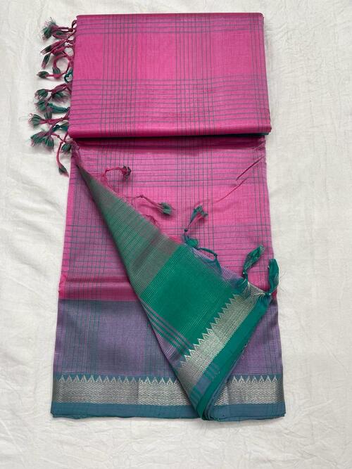 Pink color cotton Mangalagiri chex with zari border saree