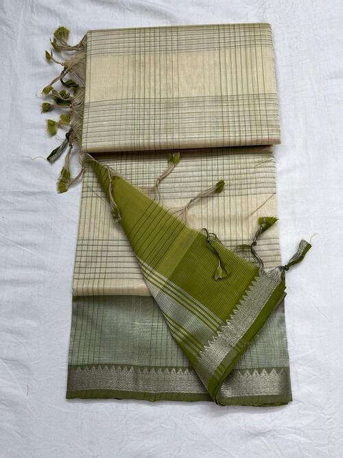 Beige color cotton Mangalagiri chex with zari border saree
