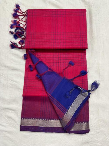 Red color cotton Mangalagiri chex with zari border saree