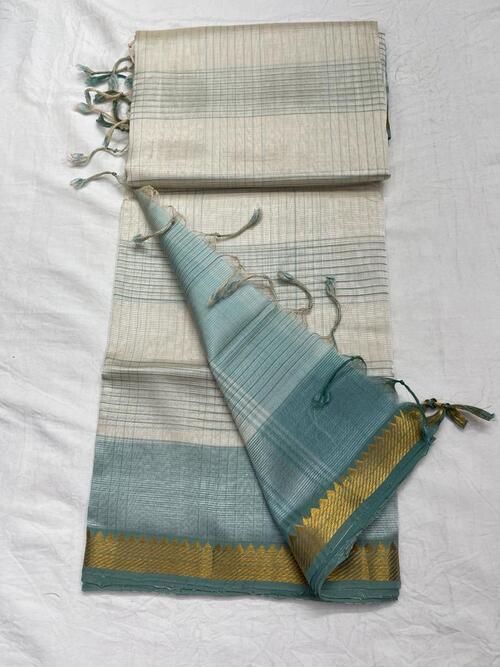 Cream color cotton Mangalagiri chex with zari border saree