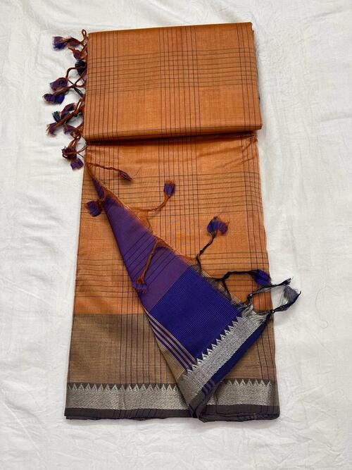 Brick orange color cotton Mangalagiri chex with zari border saree