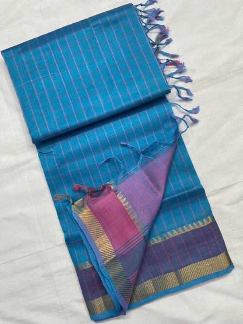 Blue color cotton Mangalagiri chex with zari border saree