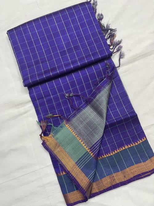 Royal blue color cotton Mangalagiri chex with zari border saree