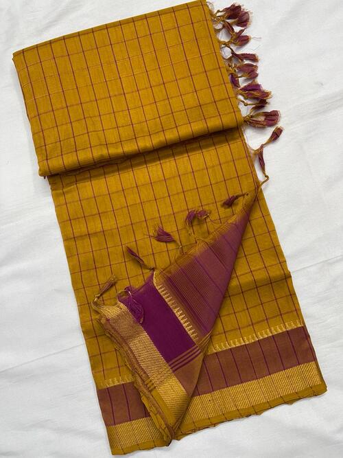 Mustard color cotton Mangalagiri chex with zari border saree