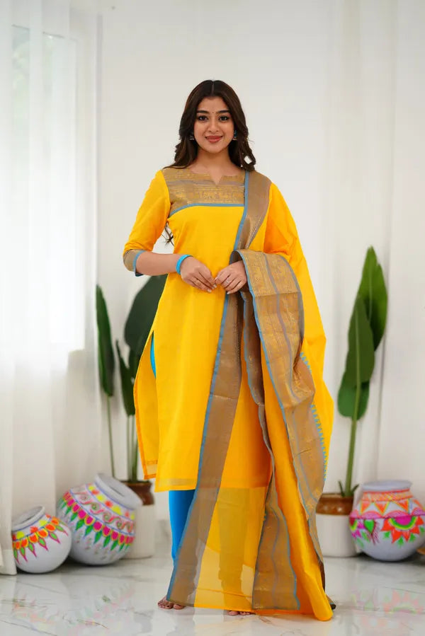Elegant Yellow Cotton Kurta with Dupatta Set for Women