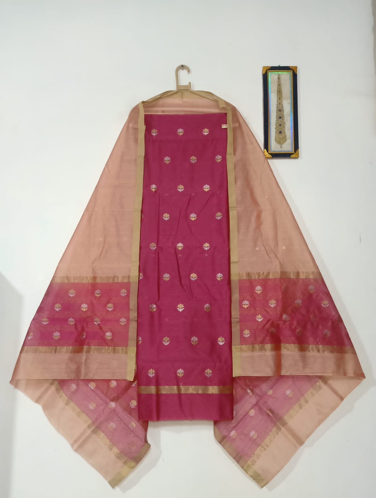 Dark pink top with beige color dupatta hand Work Chanderi 2 pcs Suit