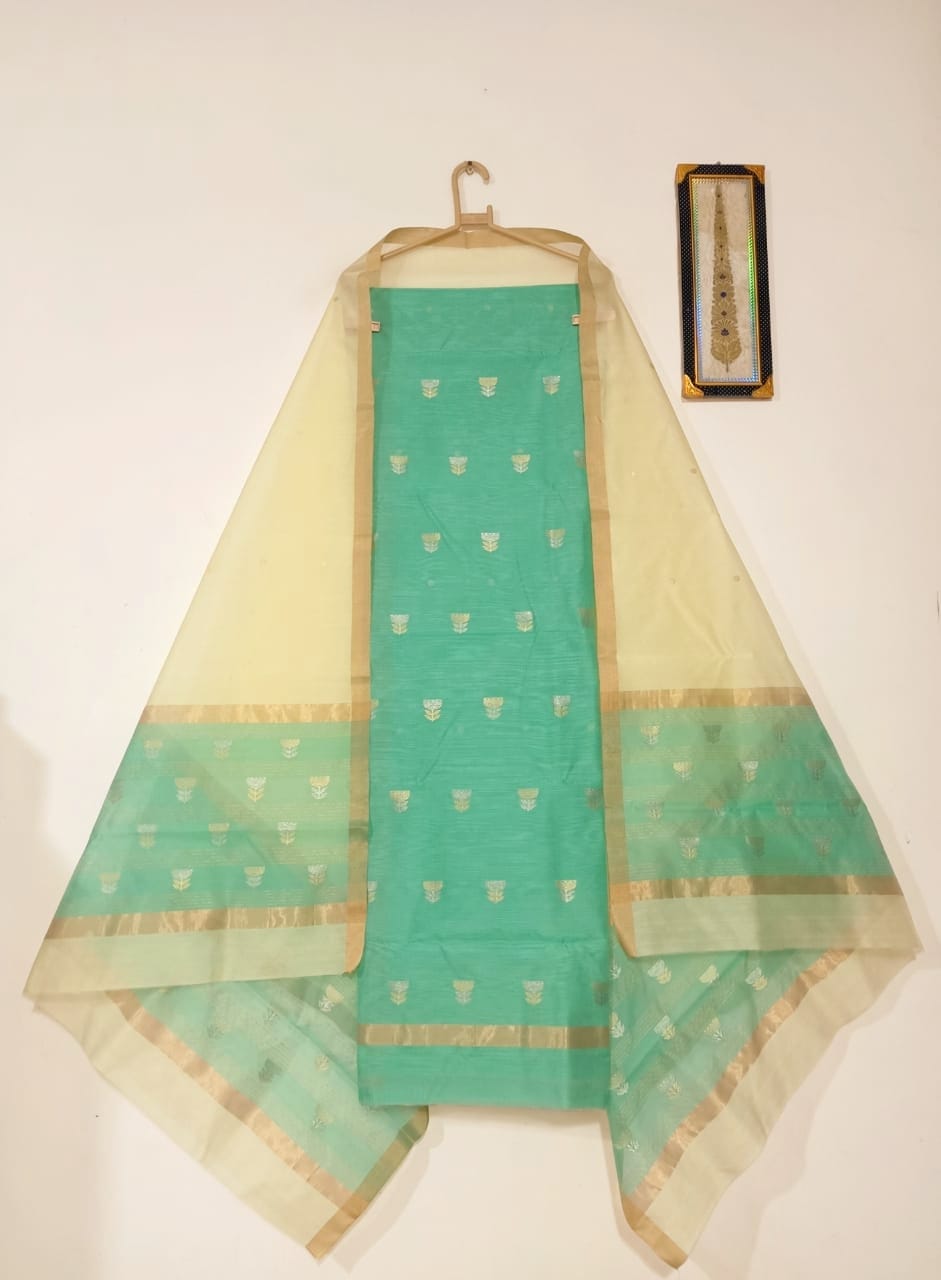 Sea green top with lemon yellow color dupatta hand Work Chanderi 2 pcs Suit